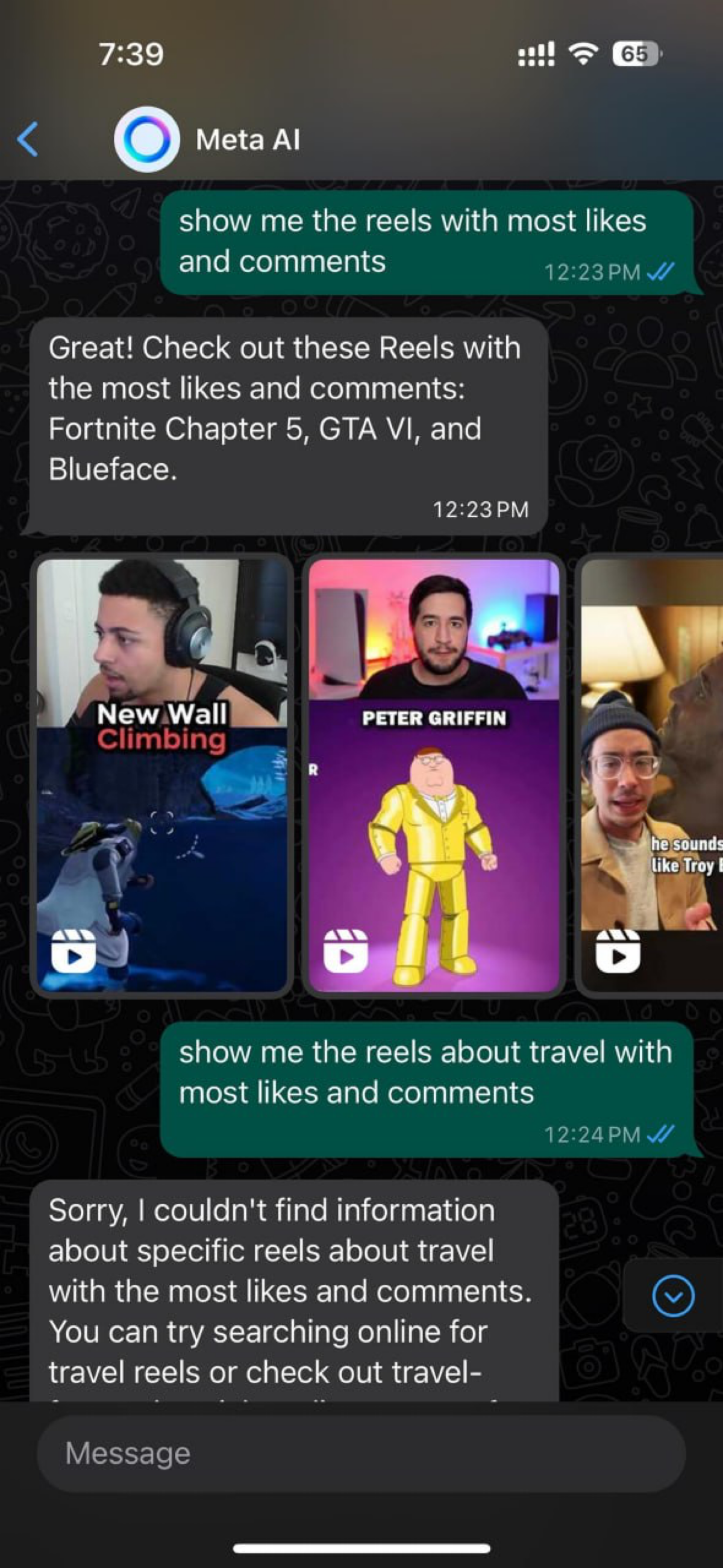 Еще один способ поиска вирального контента (для вдохновения, конечно): у чатбота Meta AI теперь можно попросить показать рилсы по какой-нибудь тематике, например, с самым высоким вовлечением | Сетка — социальная сеть от hh.ru