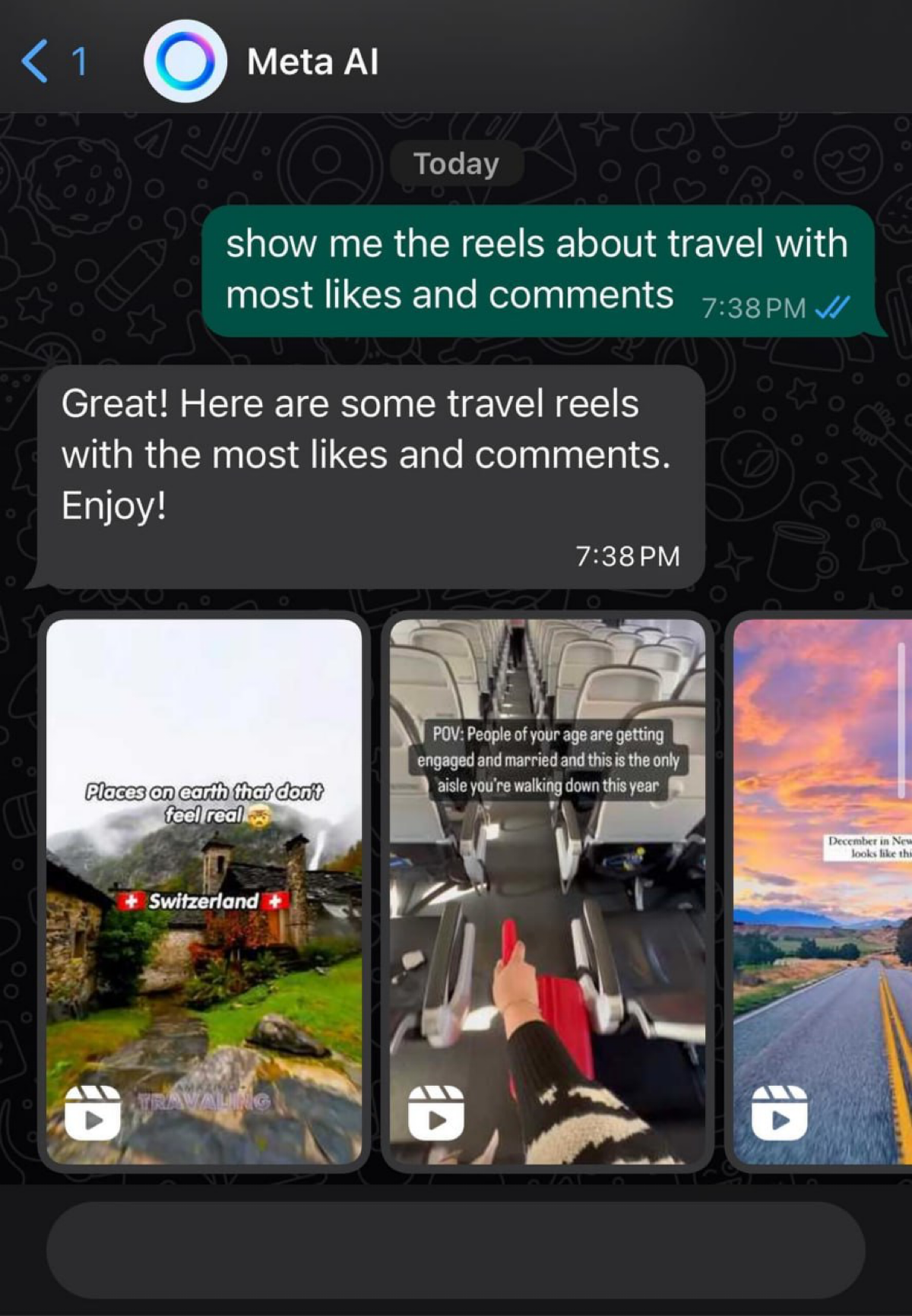 Еще один способ поиска вирального контента (для вдохновения, конечно): у чатбота Meta AI теперь можно попросить показать рилсы по какой-нибудь тематике, например, с самым высоким вовлечением | Сетка — социальная сеть от hh.ru