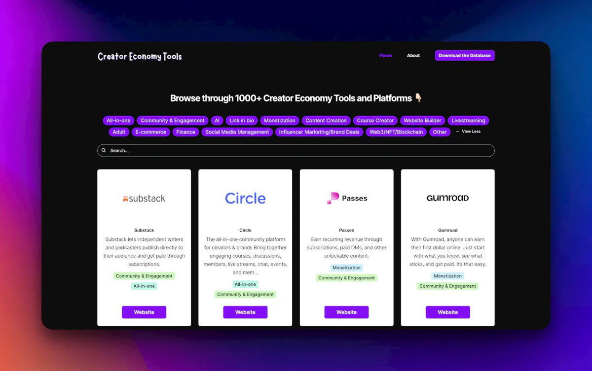 1000+ стартапов, платформ и инструментов из creator economy
Мой приятель сегодня запустил такую базу, а к ней прилагается абсолютно бесплатный airtable | Сетка — социальная сеть от hh.ru