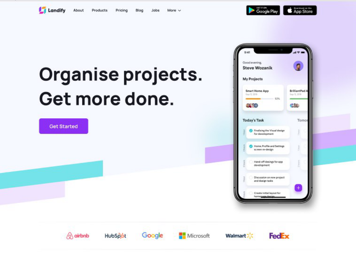 ​​Landify
Жанр: Страница загрузки приложения планера задач и проектов.
Формат: #figma
Ссылка: https://www.figma.com/file/RmFZYNamgJiSTiGApXYMnm/Landify?node-id=0%3A1 | Сетка — социальная сеть от hh.ru