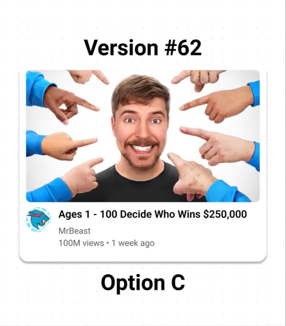 А вот так выглядит подход команды MrBeast к разработке тамбнейлов на примере его последнего видео — 110 версий, от концептов до финальных вариантов | Сетка — социальная сеть от hh.ru