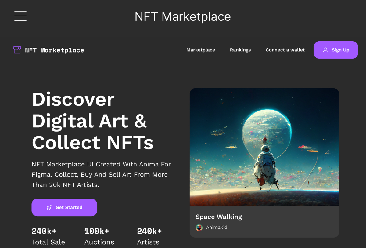NFT Marketplace
Лендинг маркетплейса NFT
→ Жанр: #MultiPage
→ Сложность: #сложный
→ Язык: #EN
→ Адаптив: Есть
Ссылка на макет:  https://www.figma | Сетка — социальная сеть от hh.ru