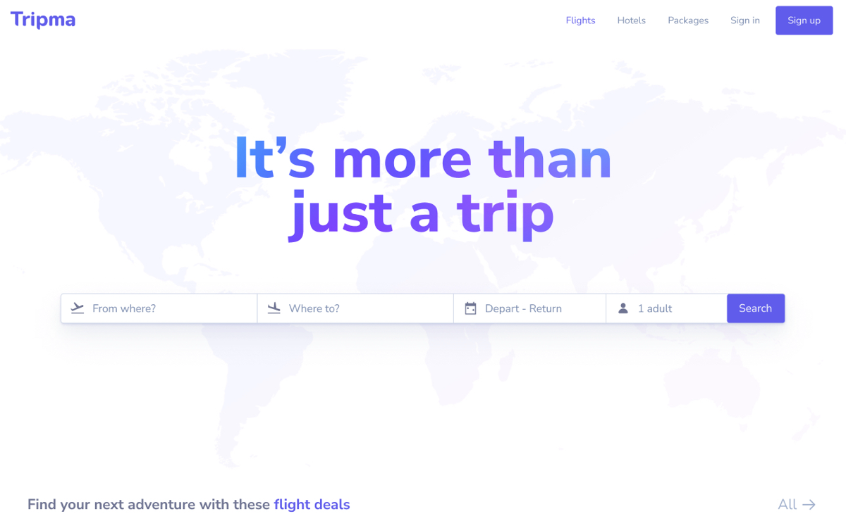Tripma
Сайт бронирования авиабилетов
→ Жанр: #MultiPage
→ Сложность: #нереальный
→ Язык: #EN
→ Адаптив: Нет
Ссылка на макет: https://www.figma | Сетка — социальная сеть от hh.ru