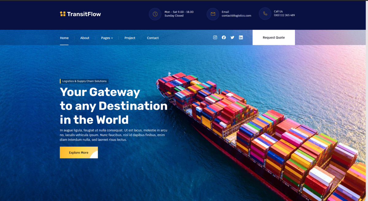 TransitFlow
Сайт логистики и цепочки поставок
→ Жанр: #MultiPage
→ Сложность: #средний
→ Язык: #EN
→ Адаптив: Нет
Ссылка на макет: https://www.figma | Сетка — социальная сеть от hh.ru
