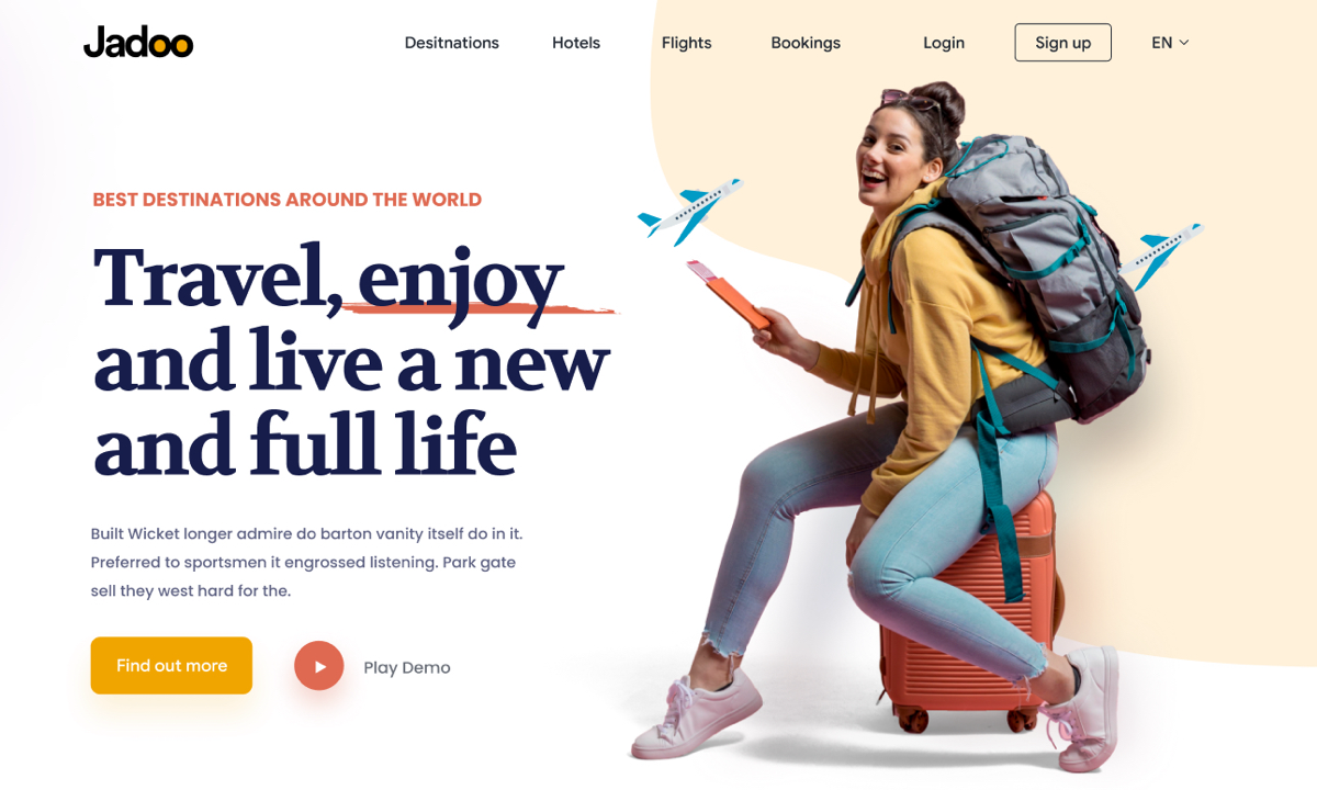 Jadoo
Лендинг туристического агентства
→ Жанр: #LandingPage
→ Сложность: #легкий
→ Язык: #EN
→ Адаптив: Нет
Ссылка на макет: https://www.figma | Сетка — социальная сеть от hh.ru