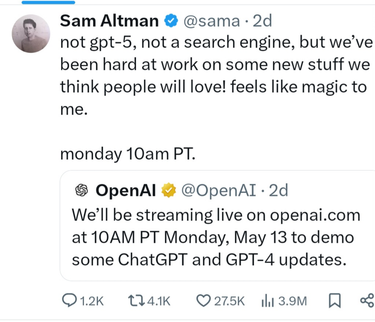 Сегодня долгожданная презентация весенних обновлений от OpenAI -в этот раз без поискового движка и gpt5, может ассистент Magic (которого тизерил Альтман)?
https://openai | Сетка — социальная сеть от hh.ru