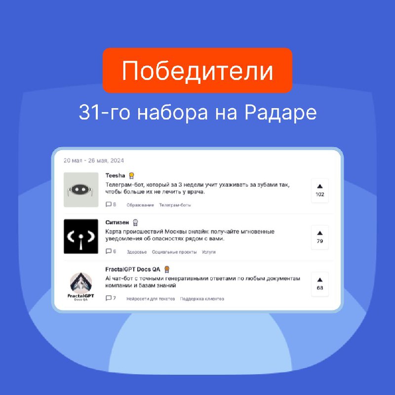 Победители прошлой недели на Радаре
🥇Teesha
Телеграм-бот, который за 3 недели учит ухаживать за зубами так, чтобы больше их не лечить у врача | Сетка — социальная сеть от hh.ru