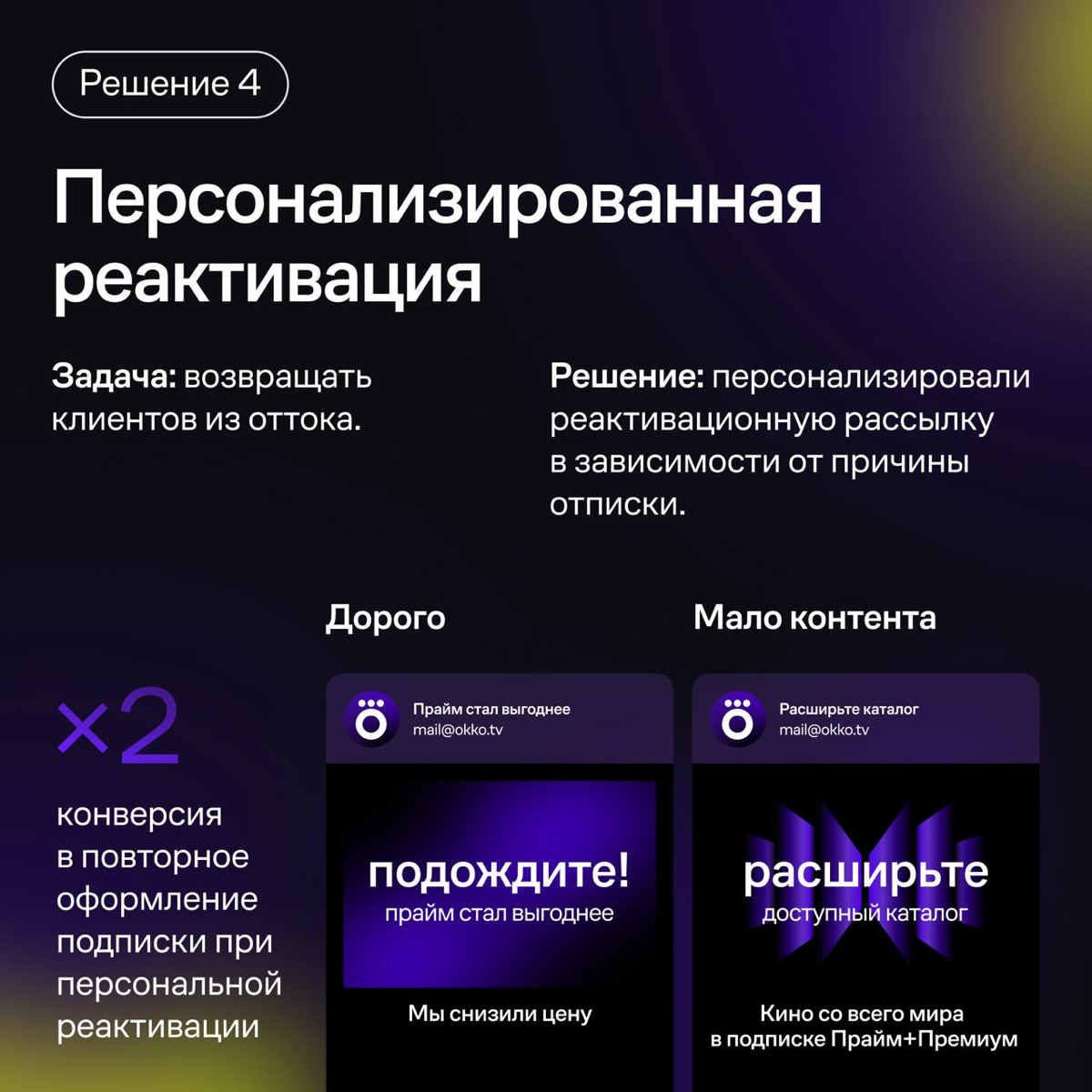 В Okko за год увеличили платящую базу на 57% с помощью CRM-маркетинга — об этом рассказали на Epic СRM-Marketing Meetup. В карточках — 4 решения, которые подойдут бизнесу с подписной моделью | Сетка — социальная сеть от hh.ru