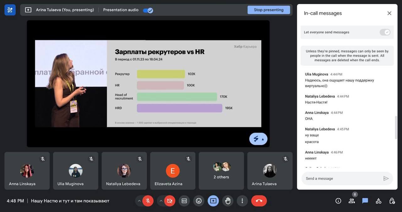 Стихийно собрались кричать комплименты в экран пока коллега выступает на конференции Хантфлоу 💔
Нравится создавать поддерживающее комьюнити везде — в книгах, работе и жизни. | Сетка — социальная сеть от hh.ru