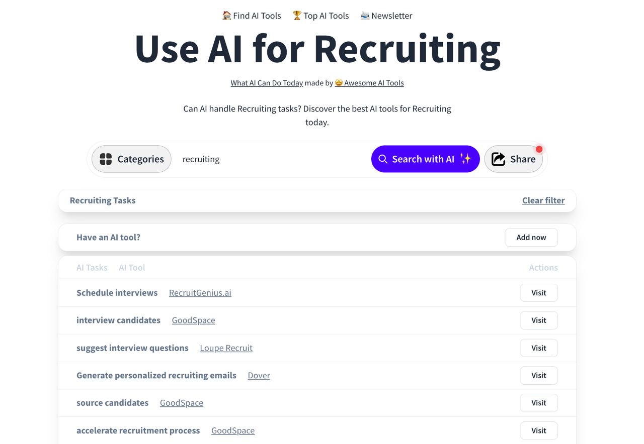 Смотрите какая интересная штука, сайт What AI Can Do Today.
Там вы можете выбрать категорию задач и в списке увидите AI-инструменты, которые помогают эти задачи решить | Сетка — социальная сеть от hh.ru