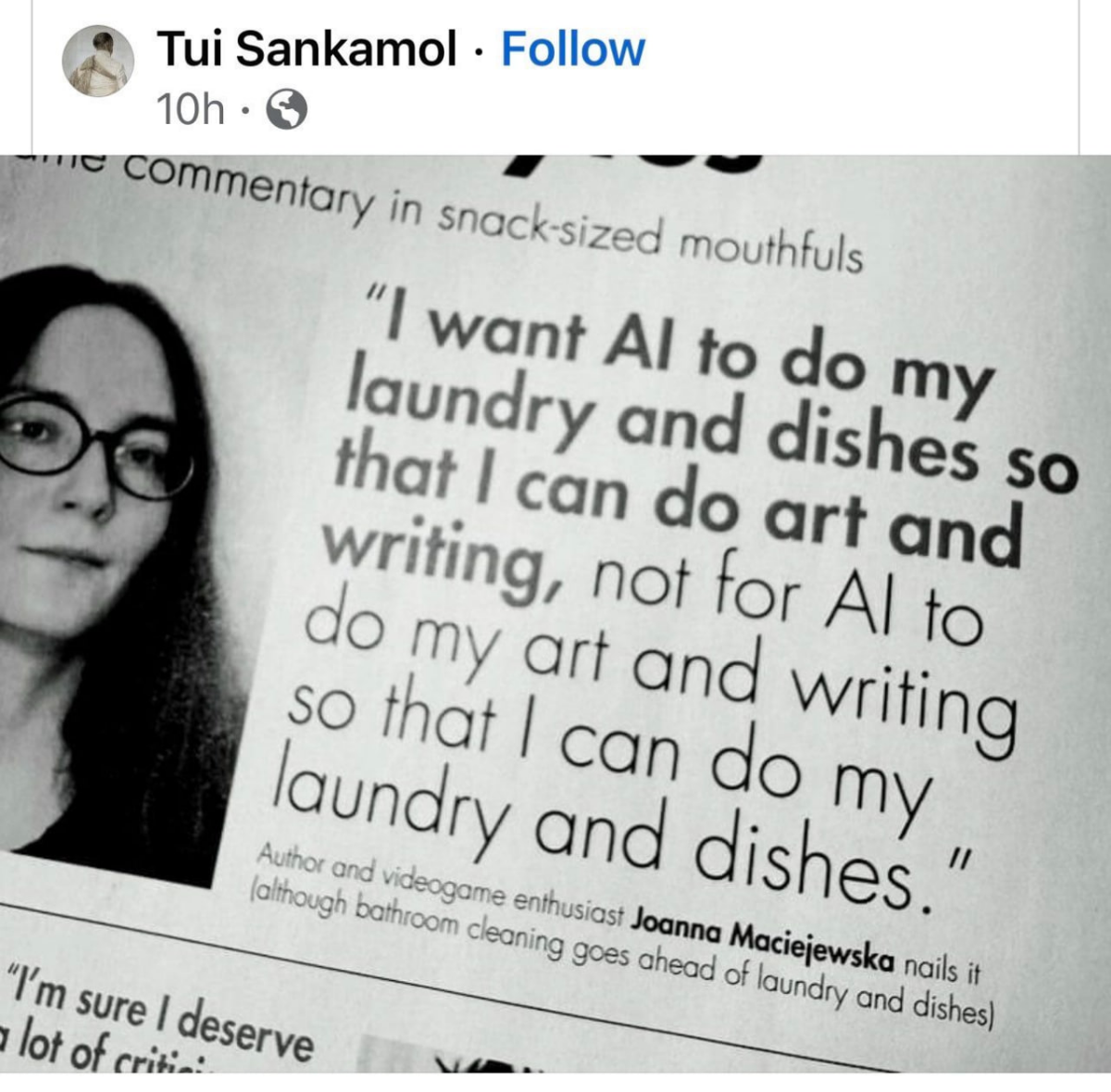 Узнали? Согласны?
«Я хочу, чтобы ИИ стирал и мыл посуду, чтобы я могла заниматься творчеством и писать, а не чтобы ИИ занимался творчеством и писал, чтобы я могла стирать и мыть посуду». | Сетка — социальная сеть от hh.ru