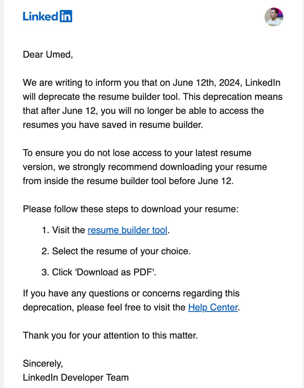 LinkedIn прекращает поддержку инструмента создания резюме. 
Успейте выгрузить свои резюме 👌 и сконнектитесь со мной: https://www.linkedin.com/in/umedrahimoff/
@umedschannel | Сетка — социальная сеть от hh.ru