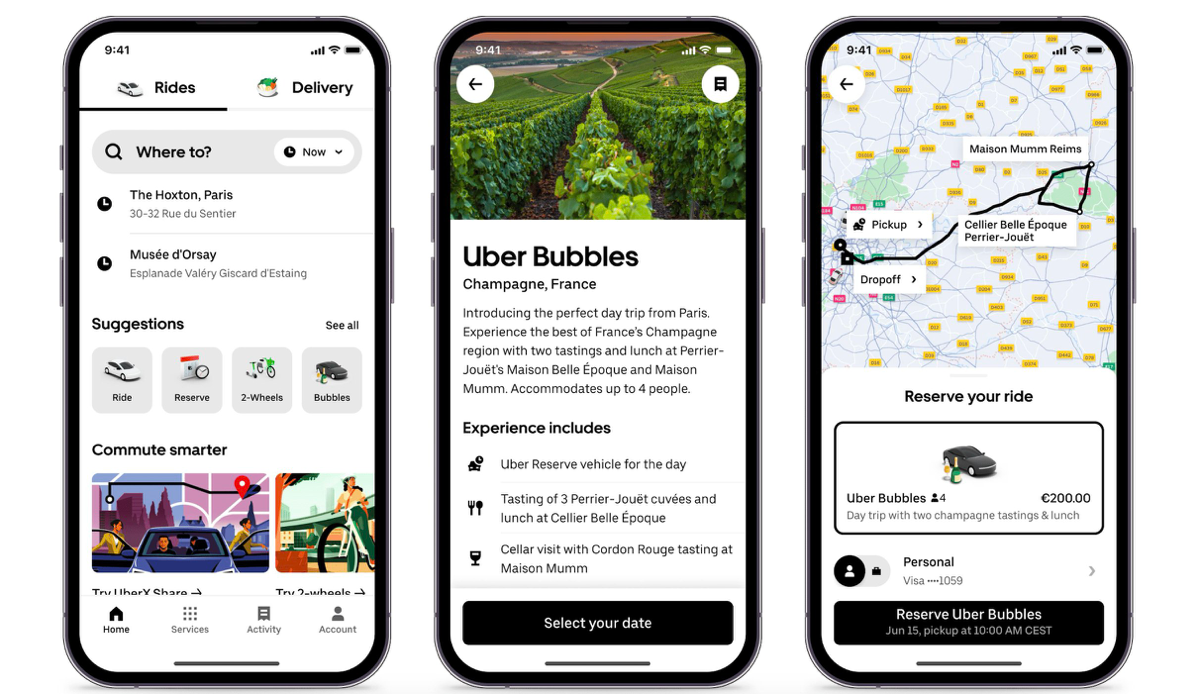 Uber запустили в Париже новый experience-продукт - Uber Bubbles! Это поездка почти на весь день на Тесле по намоленным у любителей шампанского местам - домам Perrier-Jouët и G.H. Mumm | Сетка — социальная сеть от hh.ru