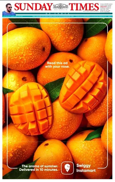 Интересный кейс аромамаркетинга в Индии: там сервис доставки еды Swiggy Instamart разместил рекламу с ароматом манго на первой полосе газеты | Сетка — социальная сеть от hh.ru