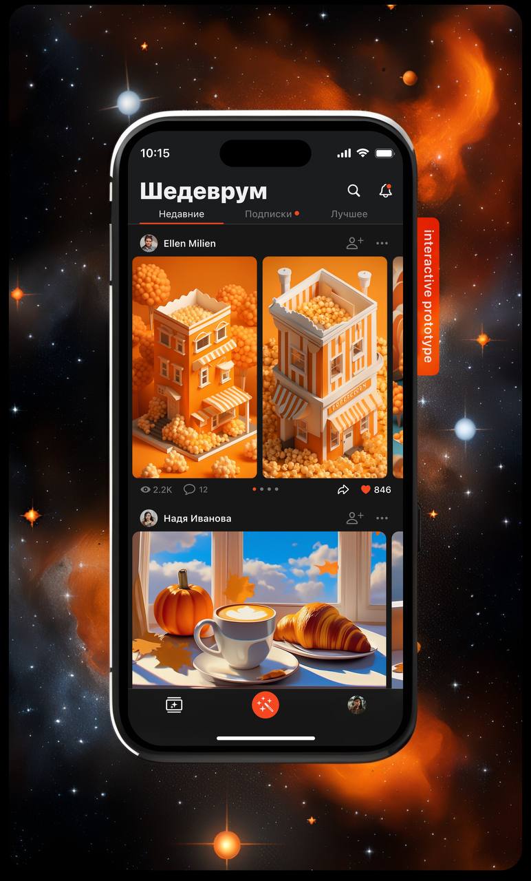 Шедеврум редизайн✨
Сделала демо-версию редизайна для любимого приложения 😜🧡 
Новые форматы, возможности генерации и персонализация профиля для нейрохудожников :)
А еще кликабельный прототип, который м... | Сетка — социальная сеть от hh.ru