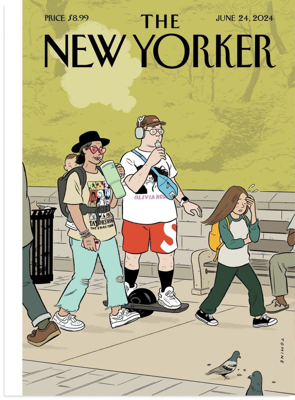 Журнал New Yorker в новом выпуске троллит миллениалов, которые отказываются стареть и активно пользуются тиктокерскими термосами, курят вейпы, гоняют на моноколёсах и пытаются использовать молодёжный ... | Сетка — социальная сеть от hh.ru