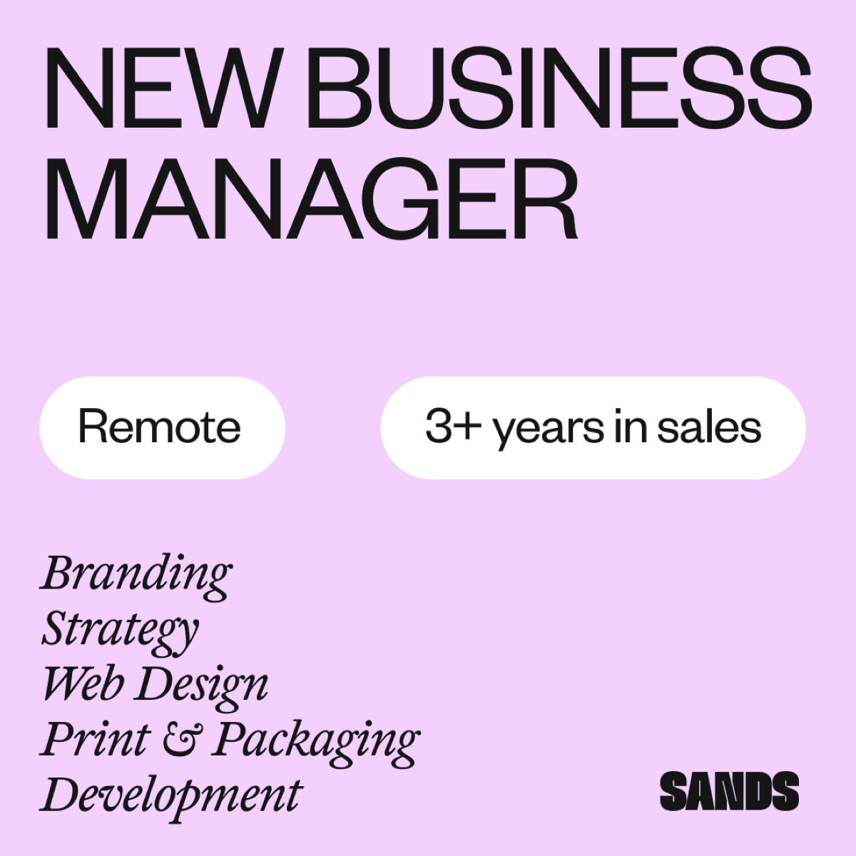 Вакансия 💙
Менеджер по продажам (New Business Manager)
О компании:
Мы — бутиковая студия дизайна SANDS. Занимаемся брендингом, стратегией, дизайном и разработкой сайтов, принтом и упаковкой | Сетка — социальная сеть от hh.ru