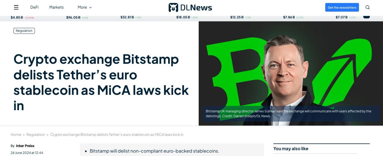 Торговые площадки продолжают выдавливать Tether с европейского рынка.
На этот раз криптобиржа #Bitstamp объявила о делистинге стейблкоина #EURT в ЕС 30 июня. То есть уже через 4 дня. Сообщает #DLNews | Сетка — социальная сеть от hh.ru