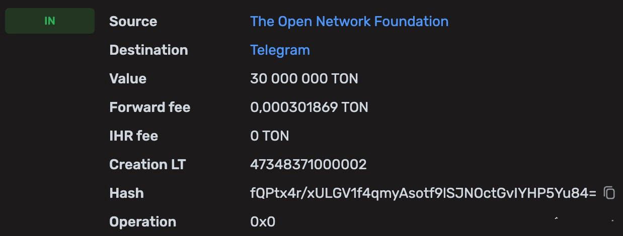 Telegram внезапно получил 30 миллионов TON в одном переводе.
Тридцать миллионов Toncoin (#TON) были переведены, 26 июня, с адреса The Open Network Foundation на адрес популярного мессенджера Telegram | Сетка — социальная сеть от hh.ru