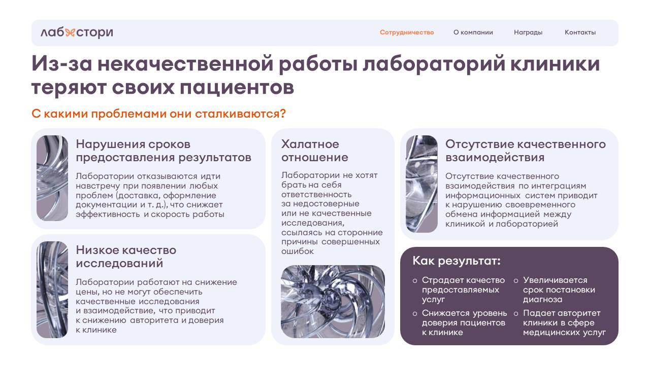 Ещё один проект, который был сделан несколько месяцев назад, но точно заслуживает быть показанным.
Коммерческое предложение для сети лабораторий. | Сетка — социальная сеть от hh.ru