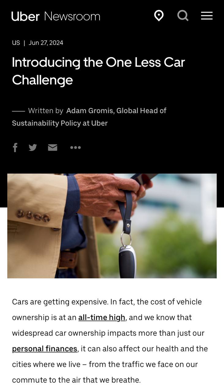 Интересный эксперимент от Uber. Они решили выбрать 175 людей и заплатить им, чтобы те отказались от собственного авто на месяц.
Условия от UBER следующие:
компания даст каждому участнику по $1000 | Сетка — социальная сеть от hh.ru