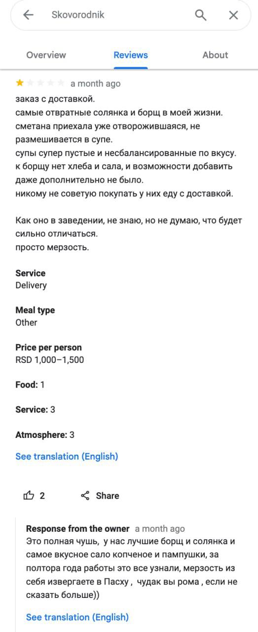 Антикейс работы с отзывами, причем знаю этот ресторан в Белграде, удивлена таким ответам… | Сетка — социальная сеть от hh.ru