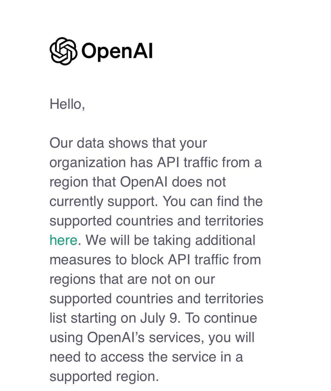 OpenAI закручивают гайки
Пользователи юзайют API от OpenAI (ИИ) и пришло такое предупреждение. С9 июля закручивают гайки, если вы в России (они обнаруживают это и вводят рестрикции) | Сетка — социальная сеть от hh.ru