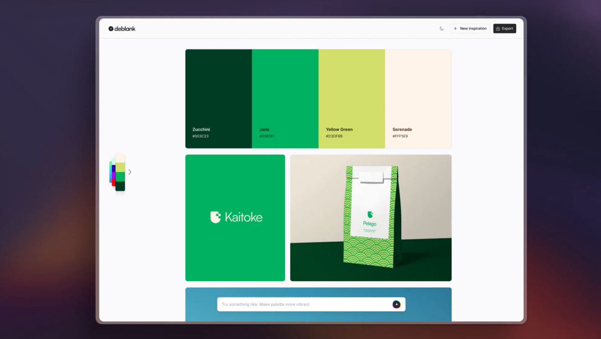 Чуть не по теме )
Deblank Colors — генератор цветовой палитры на базе искусственного интеллекта.
Ссылка на сайт:  deblank.com/colors | Сетка — социальная сеть от hh.ru