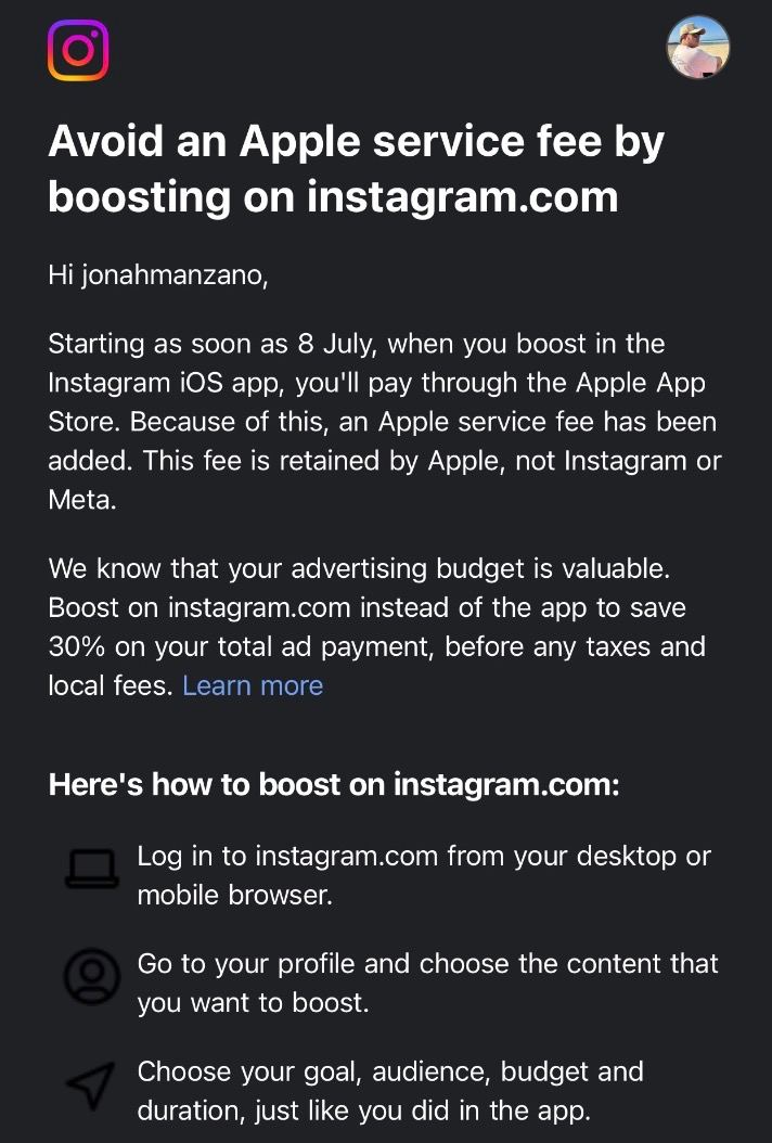 Как-то я пропустил эти 30% 
Вот что значит санкции и ограничения. А там Apple нормально так прессанула Инсту и ФБ на 30% наценки на рекламу за запуск из приложения | Сетка — социальная сеть от hh.ru