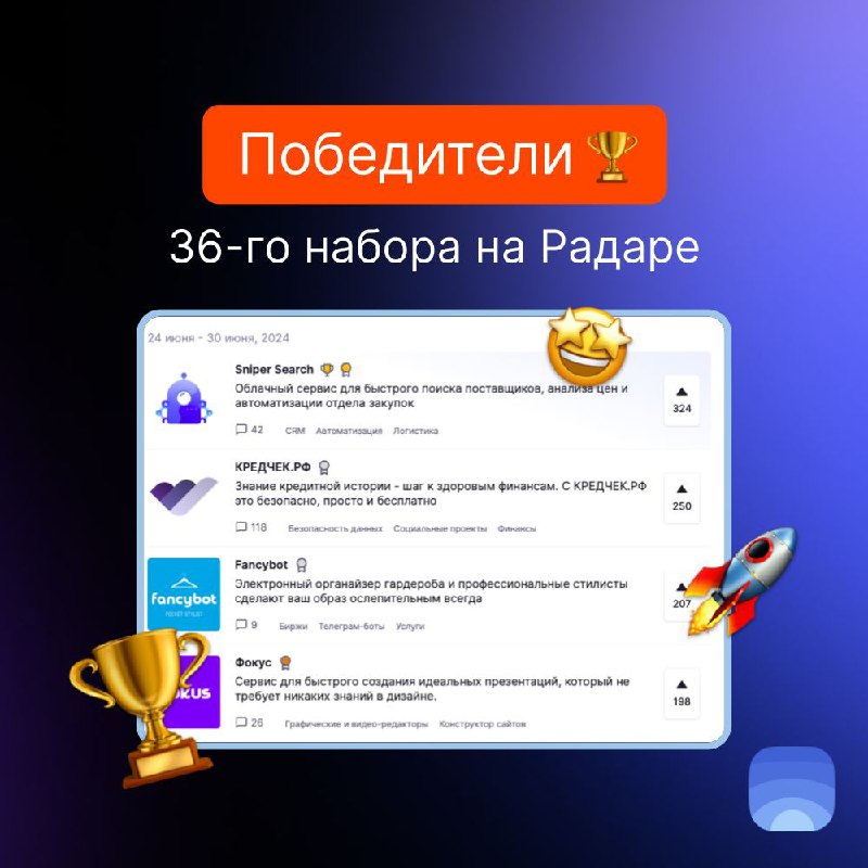 Победители прошлой недели на Радаре / 36 набор
🥇Sniper Search
Облачный сервис для быстрого поиска поставщиков, анализа цен и автоматизации отдела закупок
🥈КРЕДЧЕК | Сетка — социальная сеть от hh.ru