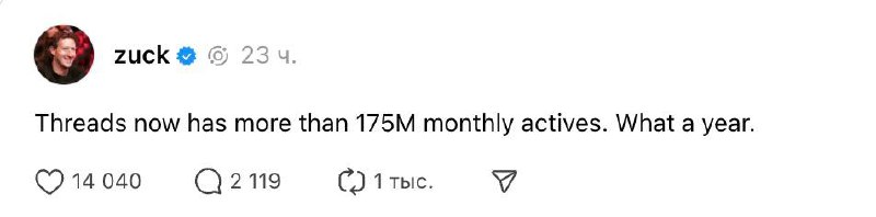 Threads — первый ДР 
Марк отчитался о 175 млн ежемесячно активной аудтории в Threads | Сетка — социальная сеть от hh.ru