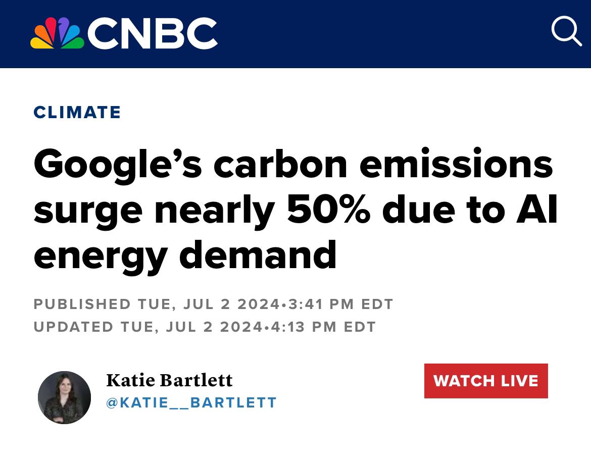 Google стал сильнее загрязнять атмосферу: с 2019 года компания увеличила выбросы парниковых газов на 50%. Об этом стало известно из экологического отчёта Google за 2024 год | Сетка — социальная сеть от hh.ru
