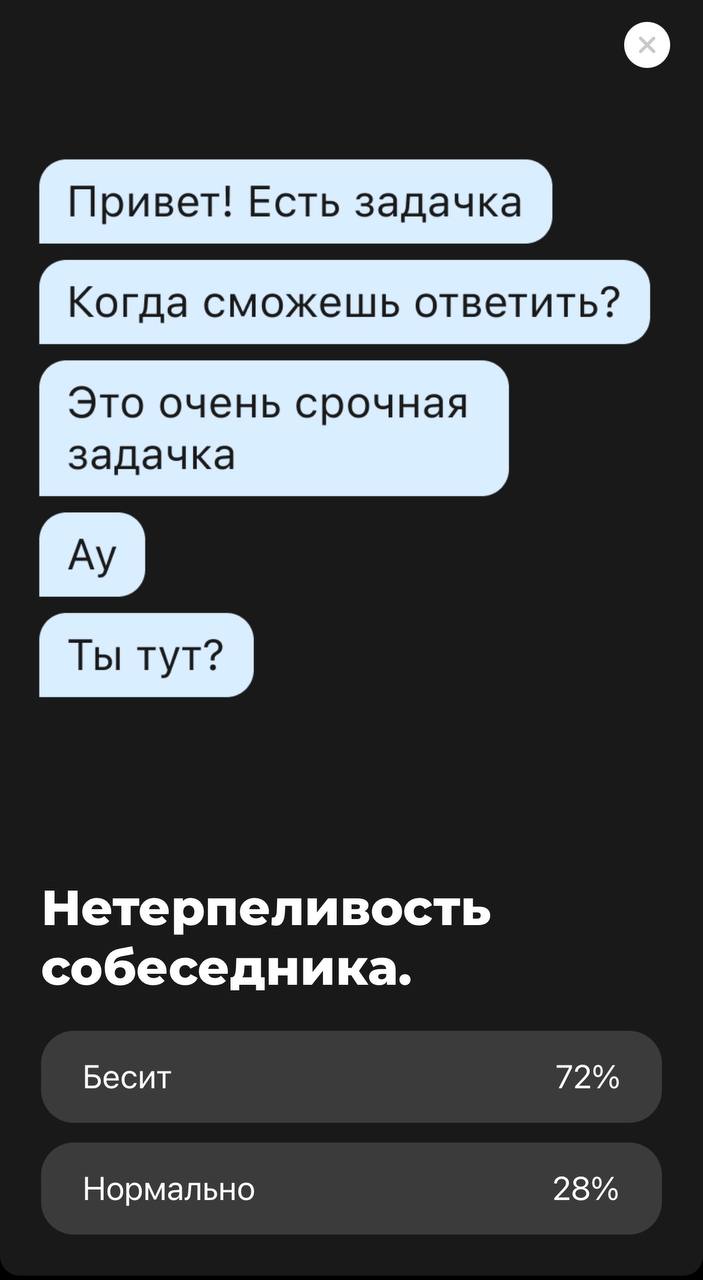Т-банк проводит занятное исследование «Что нас бесит в переписке».
Смотрите карточки | Сетка — социальная сеть от hh.ru