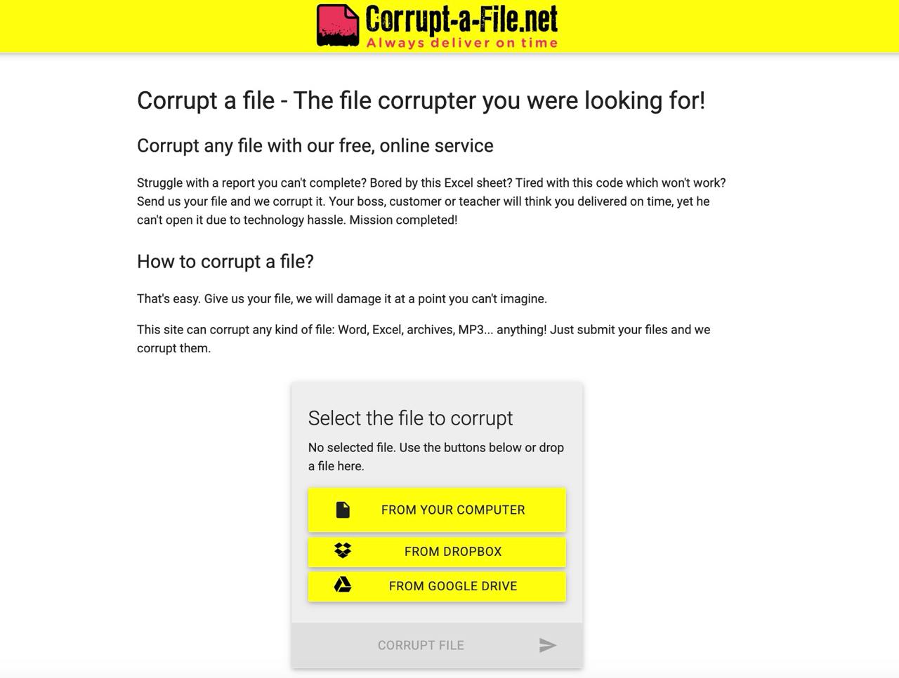 Ломай меня полностью
На улице лето стынет, пацаны зовут во двор мяч гонять, а ваш клиент требует, чтобы исходники были у него на столе к обеду? Выход есть! Нашёл для вас сайт, который повредит любой ф... | Сетка — социальная сеть от hh.ru