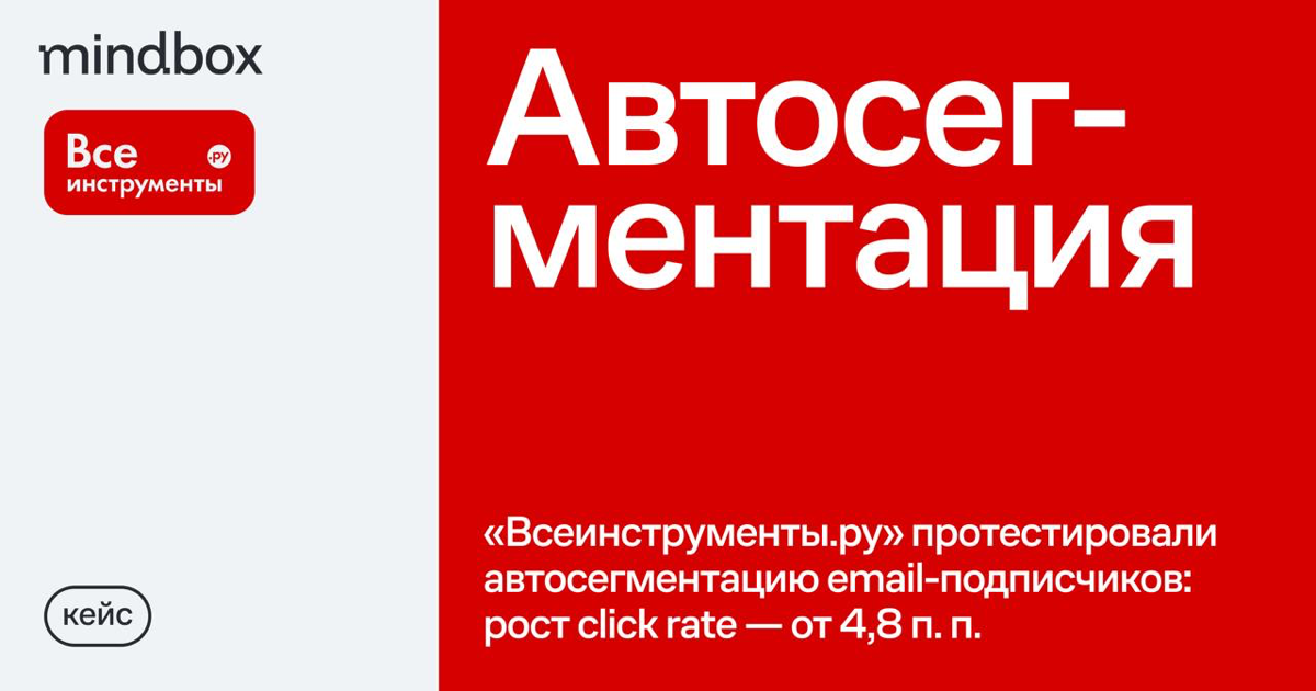 «Всеинструменты.ру» протестировали автосегментацию email-подписчиков:
по контрольной группе рост open rate — от 1,5 п. п., click rate — от 4,8 п. п.
Для «Всеинструменты | Сетка — социальная сеть от hh.ru