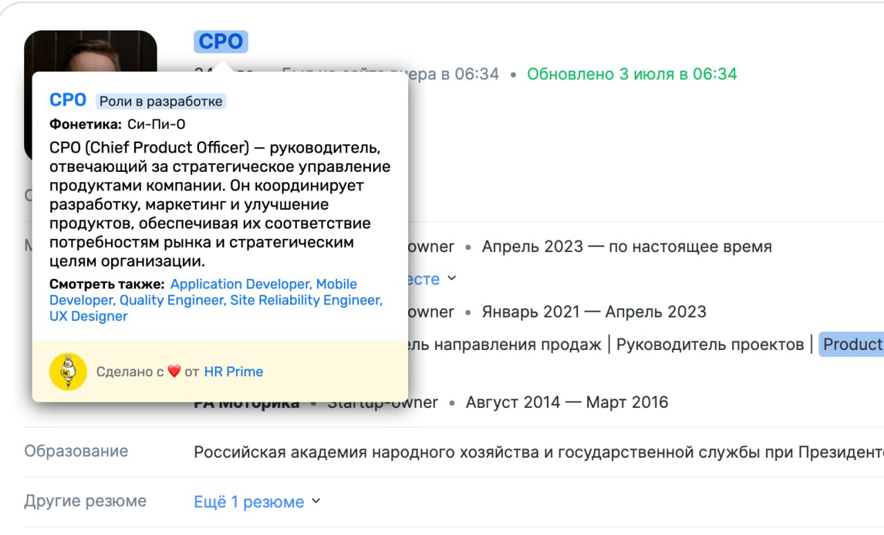 На просторах hh замечена фича👍
Фича не новая, долго курсор не наводила за ненадобностью. 
Ничего необычного, но добавили словарь для чайников и новичков: от фонетики Си-Пи-О до перевода | Сетка — социальная сеть от hh.ru