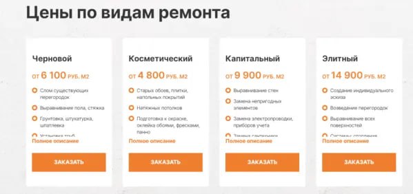 7️⃣ Страница «Прайс»

форма обратной связи для быстрого расчета стоимости ремонта (картинка №6)
объемный и подробный прайс-лист с разбивкой по типам работ (картинка №7)
цена под ключ по типам ремонта ... | Сетка — социальная сеть от hh.ru