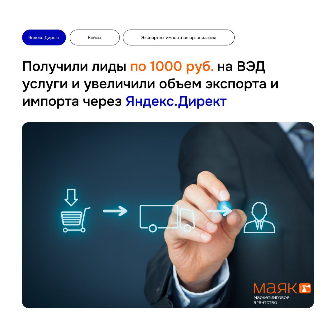 #кейсы
Увеличение объема экспорта и импорта через Яндекс Директ: Как получать лиды по 1000 руб на ВЭД услуги.
🎯Цели:
– Увеличение объема лидов.
– Снижение стоимости привлечения клиента до 1000 рублей | Сетка — социальная сеть от hh.ru