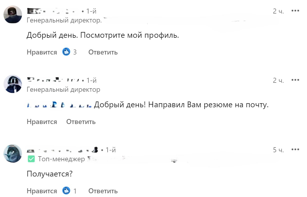 Ищу Генерального директора, направляйте резюме на почту пишет рекрутер. Прилагает описание вакансии.
В ответ приходит несколько комментариев | Сетка — социальная сеть от hh.ru