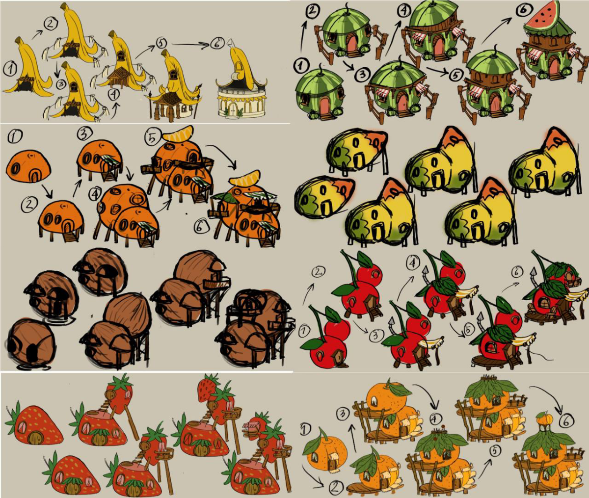 Делаю заказ для одного проекта три в ряд
Придумал 8 типов домиков-фруктов. Для каждого по 6 вариантов развития. Теперь осталось их нарисовать в чистовом варианте. | Сетка — социальная сеть от hh.ru