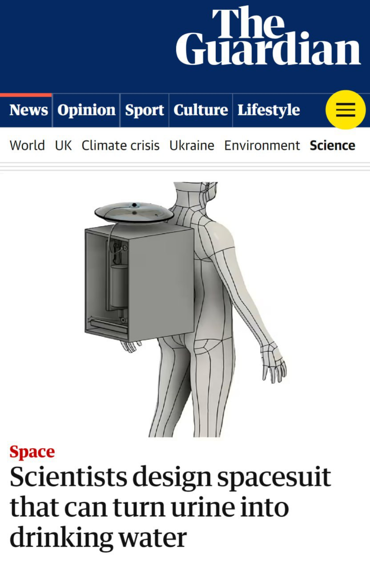 ⚡️Учёные Корнеллского университета США разработали прототип скафандра, который позволяет перерабатывать мочу в питьевую воду.
Ученые придумали скафандр, который превращает мочу в питьевую воду | Сетка — социальная сеть от hh.ru