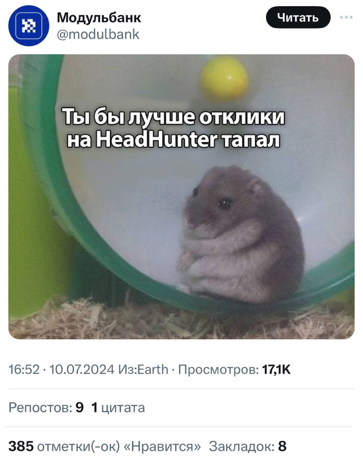Модульбанк предложил альтернативу тапанию Хомяка. | Сетка — социальная сеть от hh.ru
