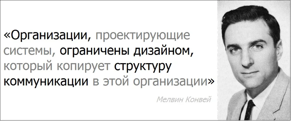 Закон Конвея в деле
Закон Конвея звучит так:
"Любой программный продукт отражает организационную структуру, создавшую его" | Сетка — социальная сеть от hh.ru