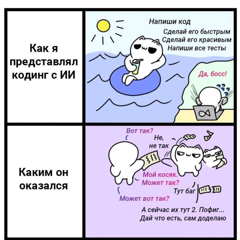 Заказчик: Урра! ИИ заменит программистов!
Разработчик: Теперь ещё и за ИИ косяки править... | Сетка — социальная сеть от hh.ru