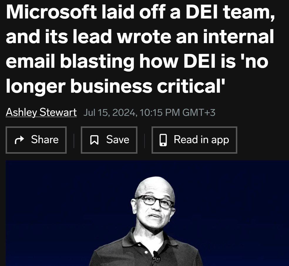 Microsoft laid off a diversity, equity, and inclusion team, citing "changing business needs."
The email says the team was eliminated because of "changing business needs" as of July 1 | Сетка — социальная сеть от hh.ru