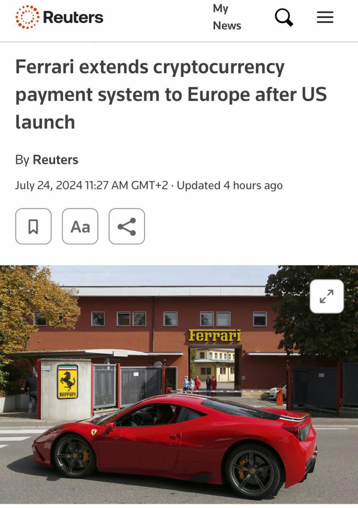 ⚡️Автомобили Ferrari можно официально купить у европейских дилеров с использованием BTC, ETH и USDC с начала 2024 года | Сетка — социальная сеть от hh.ru