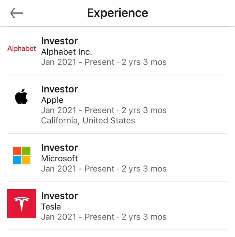 Гений: чел просто купил дешёвые акции Google, Microsoft и Apple, добавил их в опыт работы и подписался как «Инвестор» на LinkedIn.
Сильное резюме. Теперь и вы знаете, что делать.
Бэкдор | Сетка — социальная сеть от hh.ru