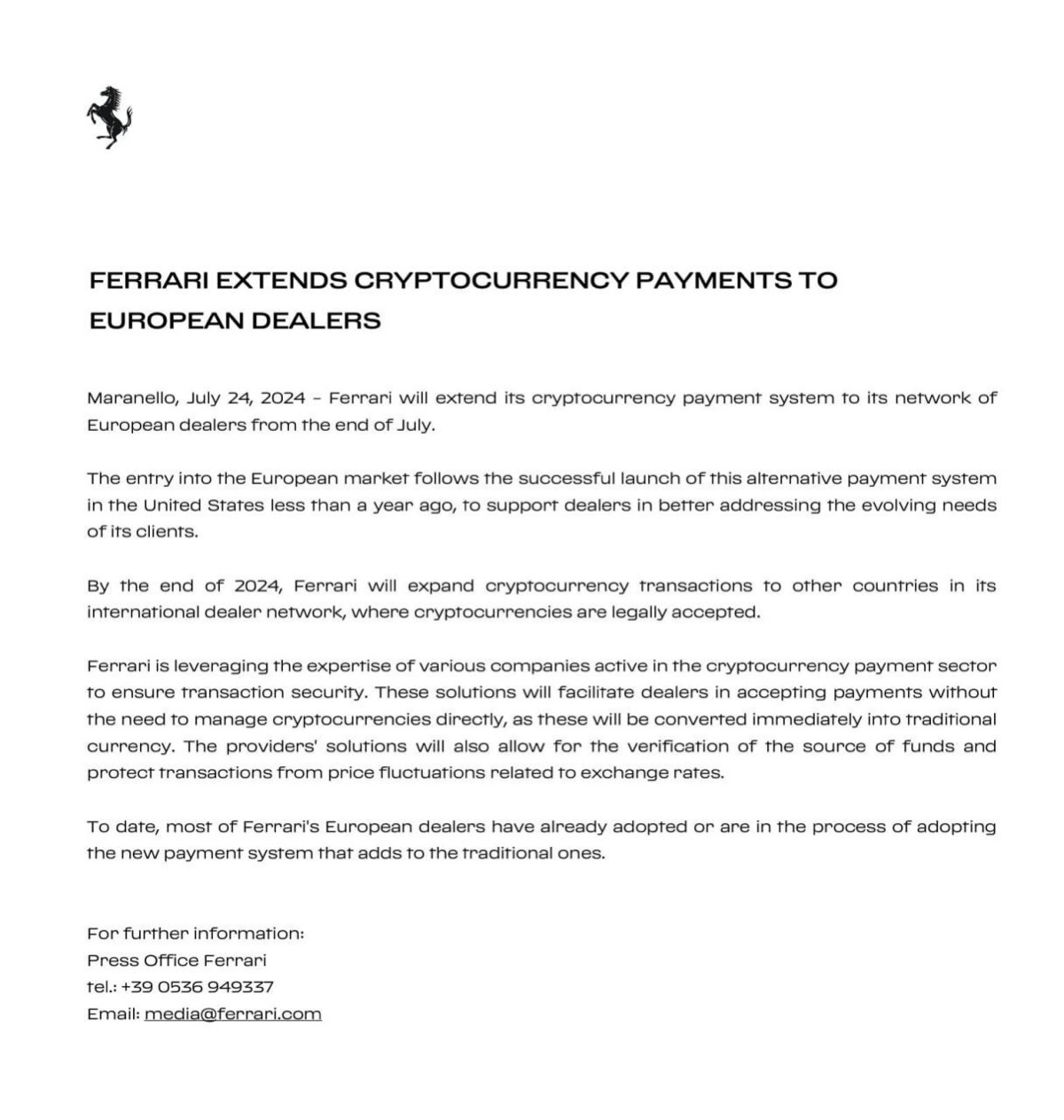 Ferrari будет принимать Bitcoin и криптовалюту в Европе с конца июля 🏎️ | Сетка — социальная сеть от hh.ru