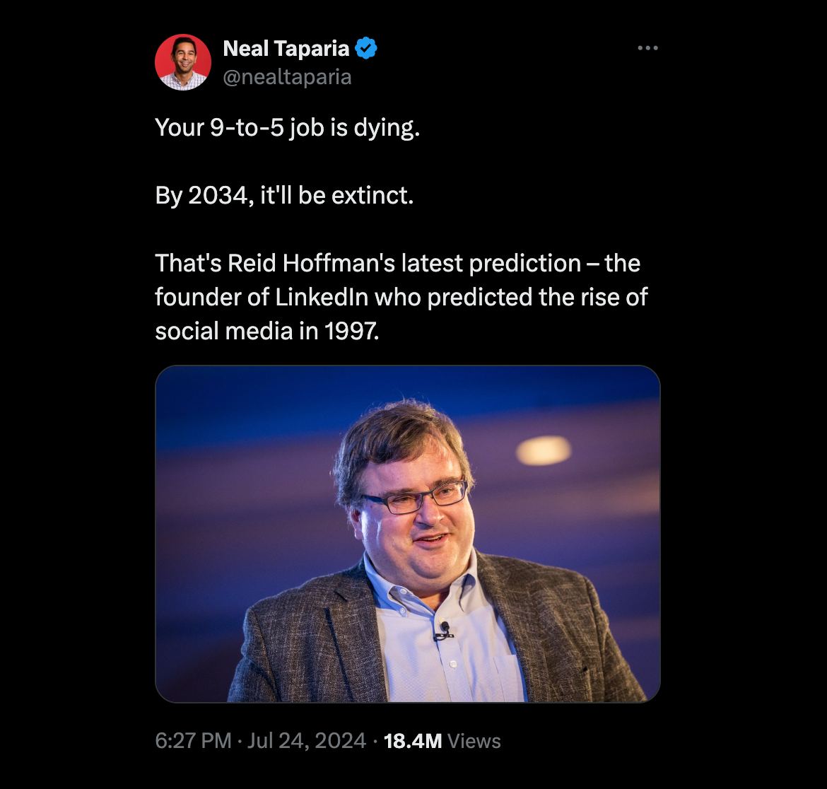 Не знаю из какого интервью Neal Taparia откопал это предсказание, но тем не менее, Рид Хофман обещает, что через 10 лет восьмичасовой рабочий день совсем уйдет в прошлое, а на замену у нас будет проек... | Сетка — социальная сеть от hh.ru