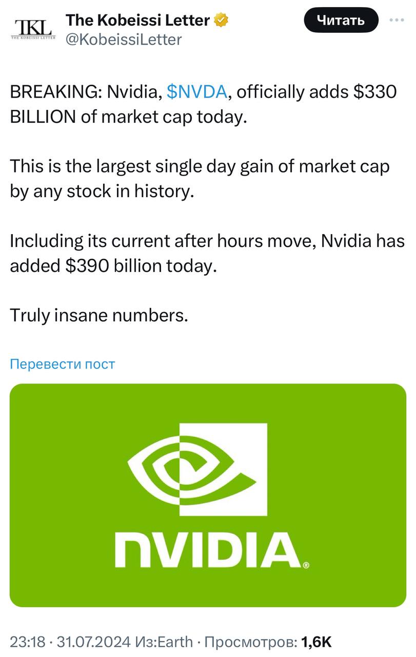 Стоимость Nvidia выросла за день на $330 млрд. Это самый большой суточный прирост в истории для какой-либо компании | Сетка — социальная сеть от hh.ru